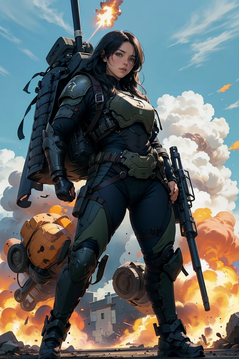 1 girl, black long hair, wearing battle armor, heavy backpack, pose, fullbody shot, shooting with heavy weapon, at the battle place, explosion, 