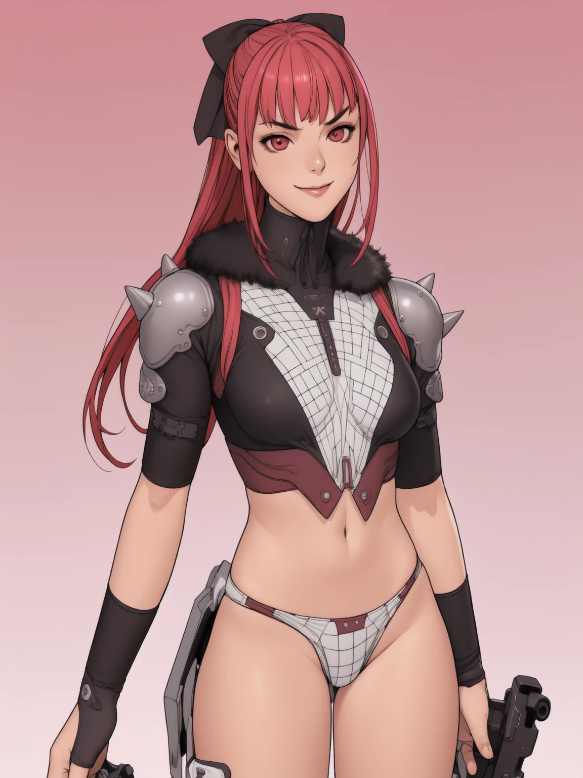 best qualityer, work of art, verapgr_pinks, shoulder armor, body branco, hair elastic, hair ribbon, evil smile, holding gun, cowboy shot, gradient background, pirralha violent, ((())), sensuous, pose de atitude, work of art, post-apocalypse, (((manga style))), Bounty Hunter, violent, Manic, the way you want, corpo fitness, thin but strong, perfectbody, roupa moderna, Advanced technology, short shorts with checkered pattern in red and black, fur collar jacket, sleeves with vertical striped pattern