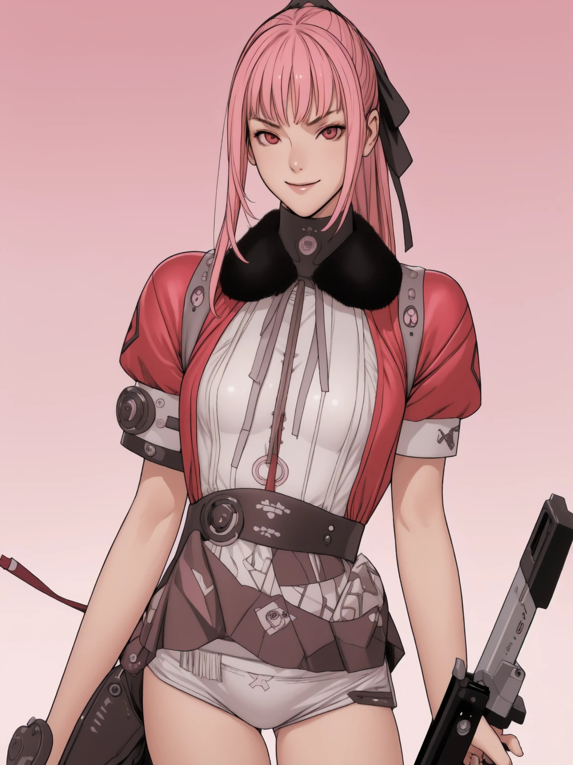 best qualityer, work of art, verapgr_pinks, shoulder armor, body branco, hair elastic, hair ribbon, evil smile, holding gun, cowboy shot, gradient background, pirralha violent, (((14歳))), sensuous, pose de atitude, work of art, post-apocalypse, (((manga style))), Bounty Hunter, violent, Manic, the way you want, corpo fitness, thin but strong, perfectbody, roupa moderna, Advanced technology, short shorts with checkered pattern in red and black, fur collar jacket, sleeves with vertical striped pattern