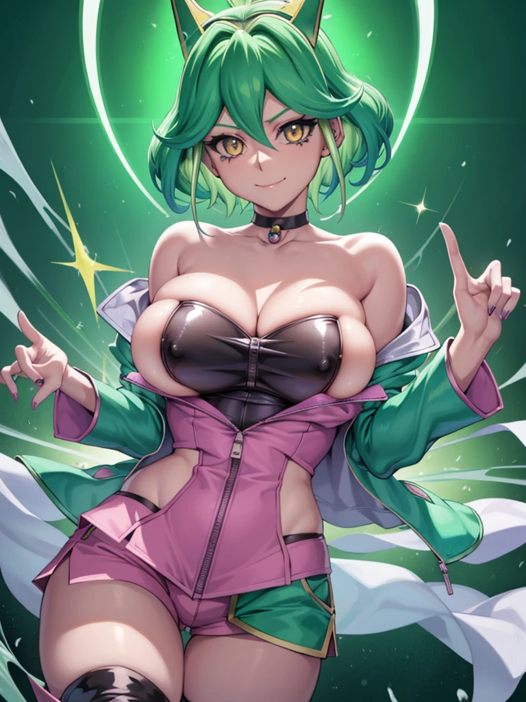 1girl, rin, green hair, short hair, yellow eyes,
smile closed mouth ring earring locking at viewer large breasts huge breasts ,
Yu-Gi-Oh arc-v Rin , yellow eyes , green hair, multicolor hair
, blue jacket, pink shorts, black choker, long sleeves, white thigh boots, rin_arc_v