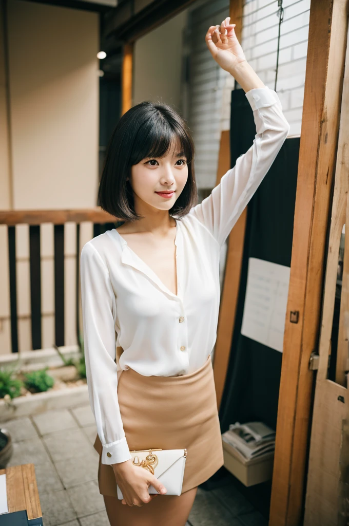 Suit, backstage at studio, talent agency manager,((full body)),((photo)),((best qualtiy, 8K, tmasterpiece:1.3)), Focus:1.2, perfect figure beautiful girl:1.4,1girl,cowboy shot,look at viewer,incredibly absurd, beautiful and cute girl with a photorealistic face, showcasing top-quality craftsmanship, Japanese woman writing work instructions in her notebook, 20 years old, shoulder-length bob cut, thick, straight black hair with bangs, shiny black hair, large eyes, round face, long eyelashes, soft smile, thin eyebrows, small nose, glossy lips, smooth skin, fair skin, fine-grained skin, tall, slender figure, well-balanced proportions, delicate limbs, small B-cup breasts, white blouse, black tight skirt, heeled pumps, watch, earrings, pretty older woman, beautiful, neat, fashionable, cheerful, positive, curious, sociable, responsible, highly trusted by those around her, October