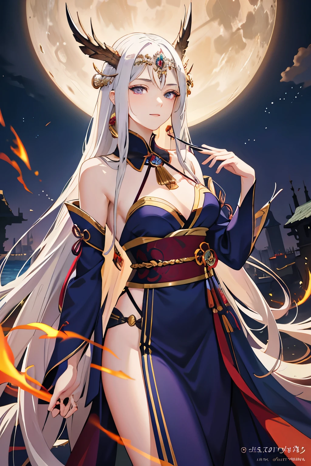 Beautiful young woman,
With long, flowing silver hair adorned with red wisps, majestic and fierce,
Pale skin, captivating purple eyes,
Intricate kimono, embodying the essence of the Valkyrie, Brynhildr,
Detailed, masterpiece-quality art, best represented in 8K,
HDR, vibrant colors, studio lighting, ultra-fine painting, sharp focus,
Physically-based rendering, extreme detail description, professional finish,
A serene, dreamy atmosphere, underlined by the moonlit castle,
Closed eyes, a hint of a mysterious smile,
Dramatic light and shadow, clean lines