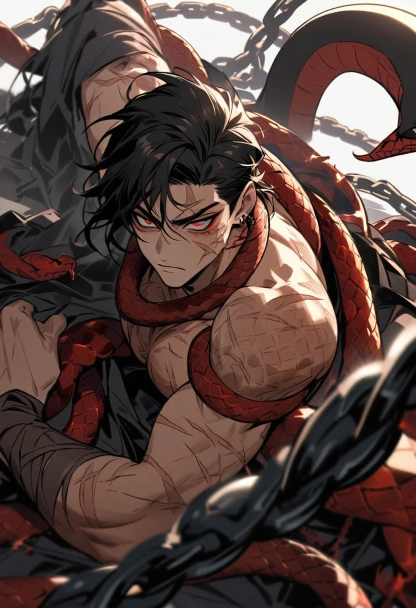 A man, long black hair scattered and untidy, eyes red like a snake, a face with scars and burns on his face, a strong body with burns, scars and tattoos, serious features, hellish chains wrapped around him, 