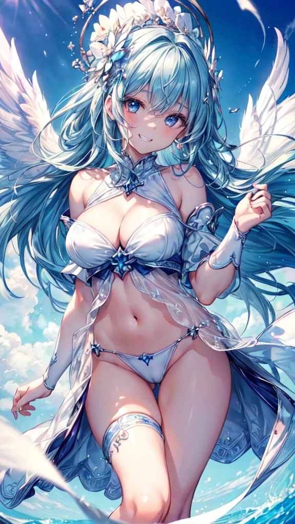 ((masterpiece, sidelighting, finely detailed beautiful eyes: 1.2)), ultra-detailed, ultra high res, professional lighting, beautiful blue sky,  high quality makeup, beautiful detailed eyes, y, beautiful, big eyes, (drooping eye:1.3), (seraph), solo, alone, slender body, (Circle of Angels:1.2), (Angel Wings:1.3), (Floating in the sky:1.4), blue sapphire eyes, wide sleeves, outdoors, highest quality, ultra detailed, Soft light,  (rime:1.3), Extremely cute, (extremely detailed beautiful face), Authentic skin texture, beautiful hair, beautiful face, beautiful eyes, beautiful body, beautiful hands, (grin smile:1.6), (face focus, cleeasts focgh focus, groin focus:1.4)