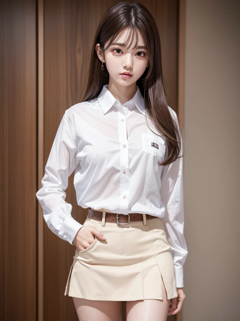 Japanese Idols, 19 years old, Natural Makeup, (Detailed skin:1.2), 8K,Highest quality, masterpiece, Ultra-high resolution, (Realistic:1.4), RAW Photos, Brown Hair, Medium Hair, Asymmetrical Hair, Asymmetrical bangs, (White collared shirt, Slit tight skirt:1.2), 