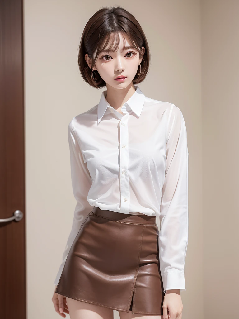 Japanese Idols, 19 years old, Natural Makeup, (Detailed skin:1.2), 8K,Highest quality, masterpiece, Ultra-high resolution, (Realistic:1.4), RAW Photos, Brown Hair, Medium Hair, Asymmetrical Hair, Asymmetrical bangs, (White collared shirt, Slit tight skirt:1.2), 