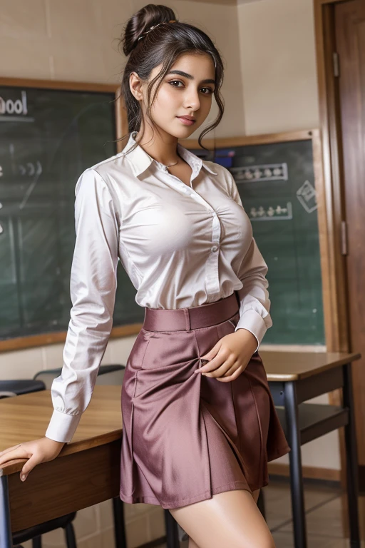 ****  in school school photo in school masterpiece, (photorealistic:1.4), best quality, beautiful lighting, Pakistani Woman 20yo Old Big Breasts Plus Size Model Bun lHair Bun Hair Hair Lifts Skirt Up Raised Skirt