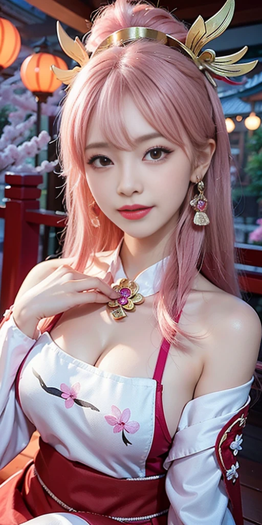 1girl, (ulzzang-6500:0.7), kpop idol, yae miko, bikini, detached sleeves, bare shoulders, pink hair, long hair, bikini, best quality, (painting:1.5), (hair ornament:1.35), jewelry, purple eyes, earrings, breasts, torii, cherry blossoms, lantern light, depth of field, detailed face, face focus, ribbon_trim, (looking at viewer:1.25), nontraditional miko, shiny skin, long sleeves, smile, thick lips, game cg, hands on lips, east asian architecture, (blurry background:1.2), sitting, upper body, bikini