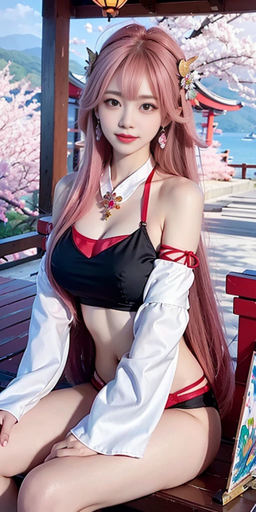 1girl, (ulzzang-6500:0.7), kpop idol, yae miko, bikini, detached sleeves, bare shoulders, pink hair, long hair, bikini, best quality, (painting:1.5), (hair ornament:1.35), jewelry, purple eyes, earrings, breasts, torii, cherry blossoms, lantern light, depth of field, detailed face, face focus, ribbon_trim, (looking at viewer:1.25), nontraditional miko, shiny skin, long sleeves, smile, thick lips, game cg, hands on lips, east asian architecture, (blurry background:1.2), sitting, upper body, bikini