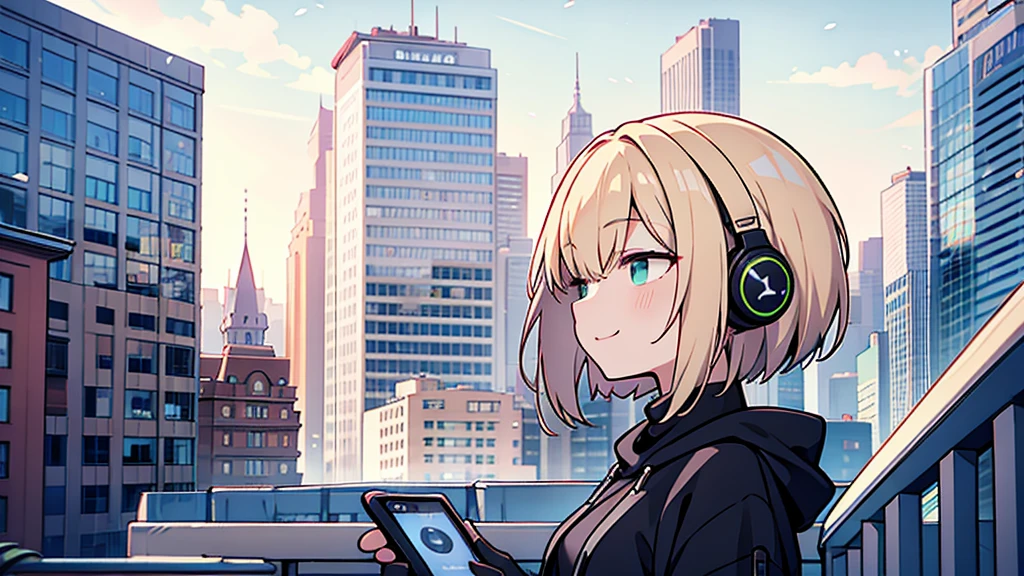 ((highest quality)), ((masterpiece)), (be familiar with), (Looking at a smartphone on the roof of a building)short hair、perfect face,white half-up hair,green mesh blonde、cool black hoodie,headphones,black gloves,turtleneck,alone,İcon、profile、Right beside、Expressionless、smile、Light-colored clothing