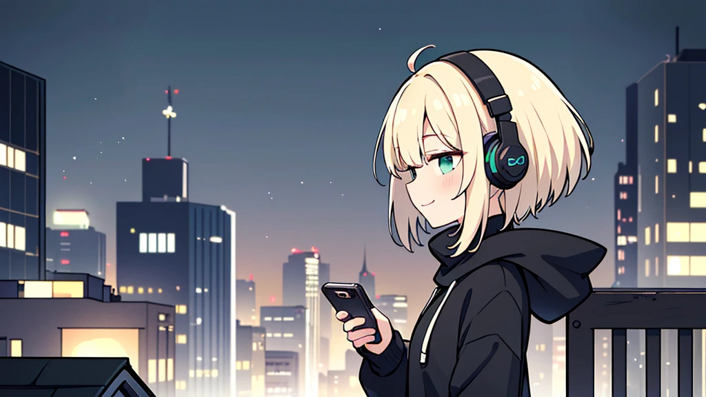 ((highest quality)), ((masterpiece)), (be familiar with), (Looking at a smartphone on the roof of a building)short hair、perfect face,white half-up hair,green mesh blonde、cool black hoodie,headphones,black gloves,turtleneck,alone,İcon、profile、Right beside、Expressionless、smile、Light-colored clothing