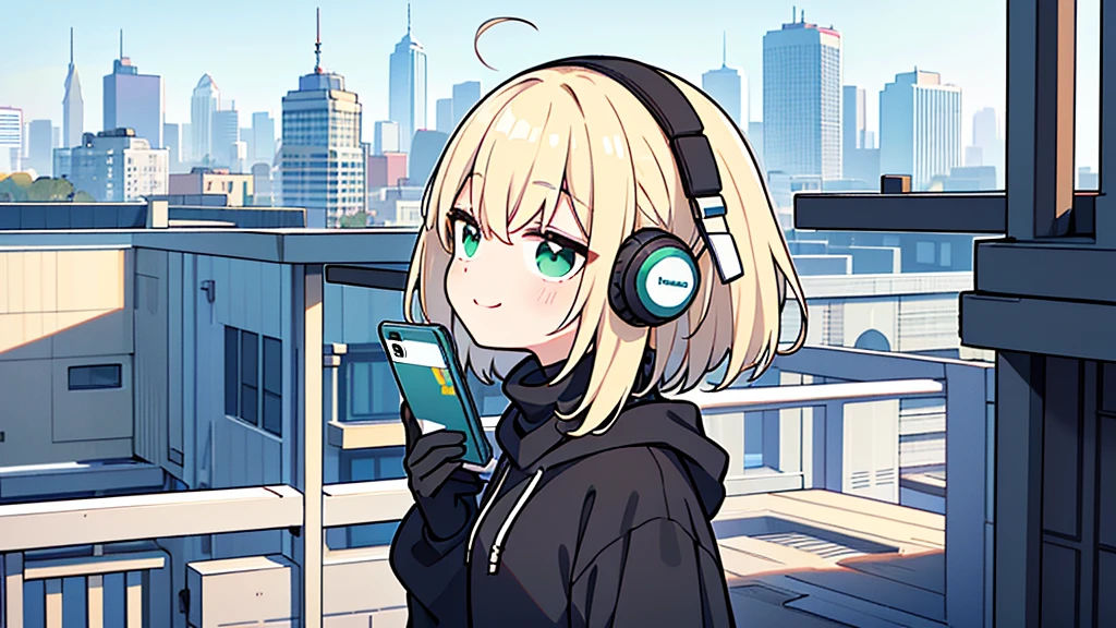 ((highest quality)), ((masterpiece)), (be familiar with), (Looking at a smartphone on the roof of a building)short hair、perfect face,white half-up hair,green mesh blonde、cool black hoodie,headphones,black gloves,turtleneck,alone,İcon、profile、Right beside、Expressionless、smile、Light-colored clothing