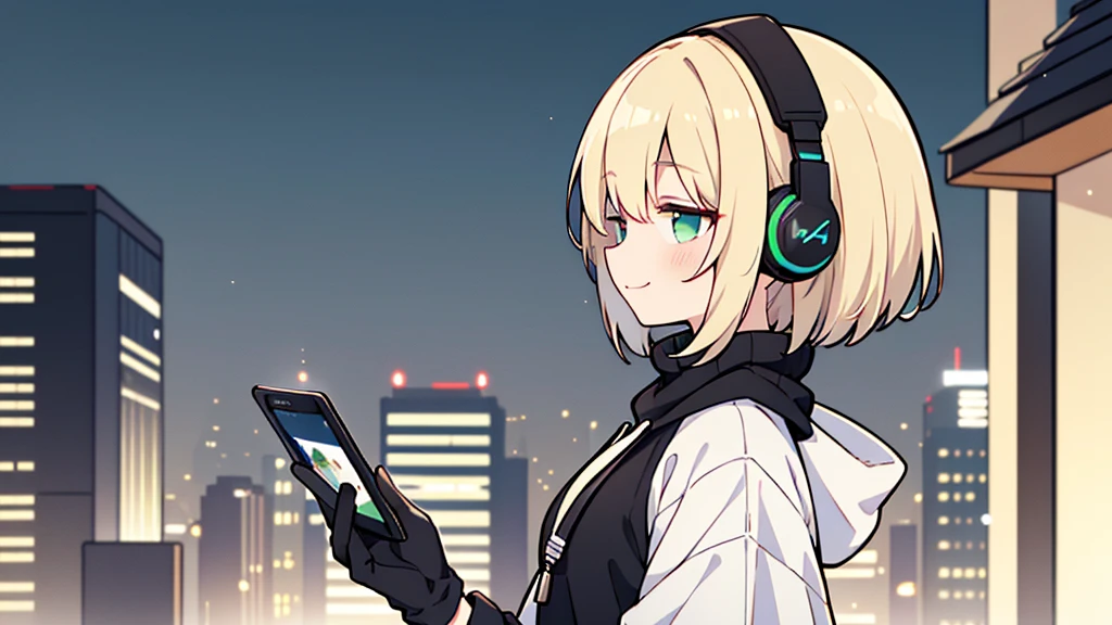 ((highest quality)), ((masterpiece)), (be familiar with), (Looking at a smartphone on the roof of a building)short hair、perfect face,white half-up hair,green mesh blonde、cool black hoodie,headphones,black gloves,turtleneck,alone,İcon、profile、Right beside、Expressionless、smile、Light-colored clothing