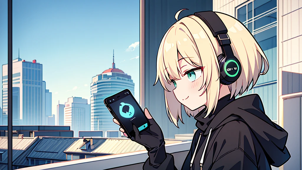 ((highest quality)), ((masterpiece)), (be familiar with), (Looking at a smartphone on the roof of a building)short hair、perfect face,white half-up hair,green mesh blonde、cool black hoodie,headphones,black gloves,turtleneck,alone,İcon、profile、Right beside、Expressionless、smile、Light-colored clothing