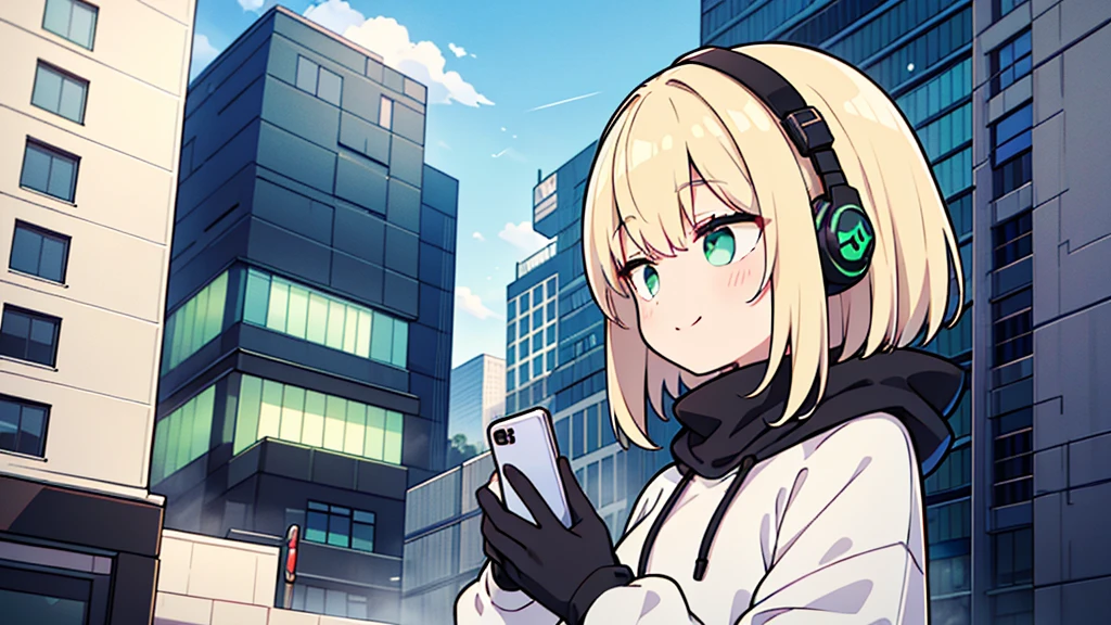 ((highest quality)), ((masterpiece)), (be familiar with), (Looking at a smartphone on the roof of a building)short hair、perfect face,white half-up hair,green mesh blonde、cool black hoodie,headphones,black gloves,turtleneck,alone,İcon、profile、Right beside、Expressionless、smile、Light-colored clothing