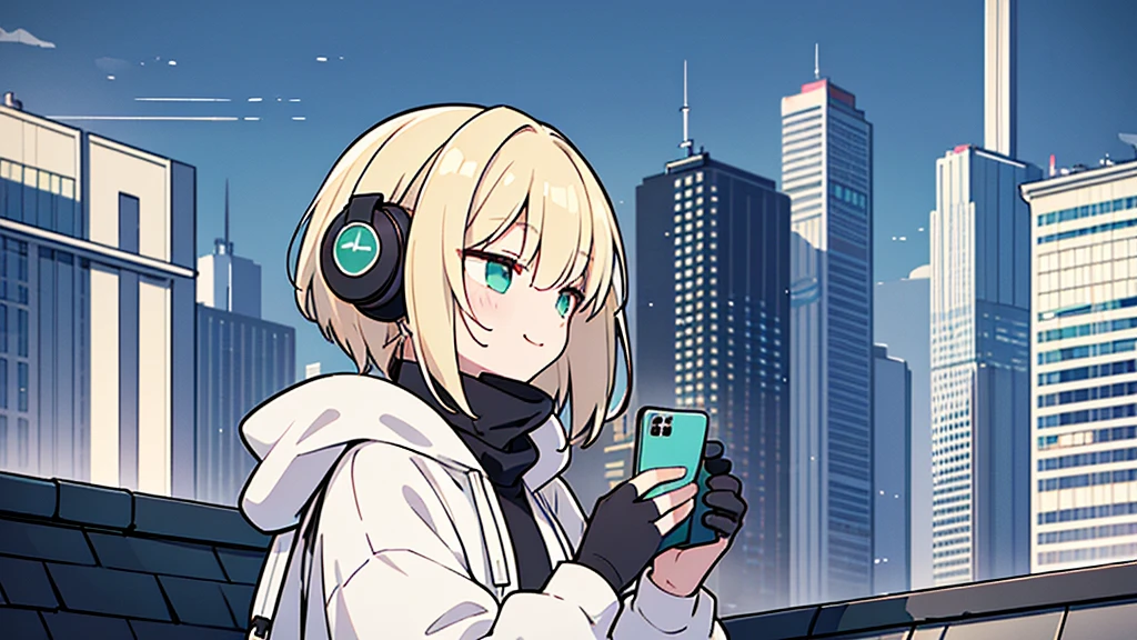 ((highest quality)), ((masterpiece)), (be familiar with), (Looking at a smartphone on the roof of a building)short hair、perfect face,white half-up hair,green mesh blonde、cool black hoodie,headphones,black gloves,turtleneck,alone,İcon、profile、Right beside、Expressionless、smile、Light-colored clothing