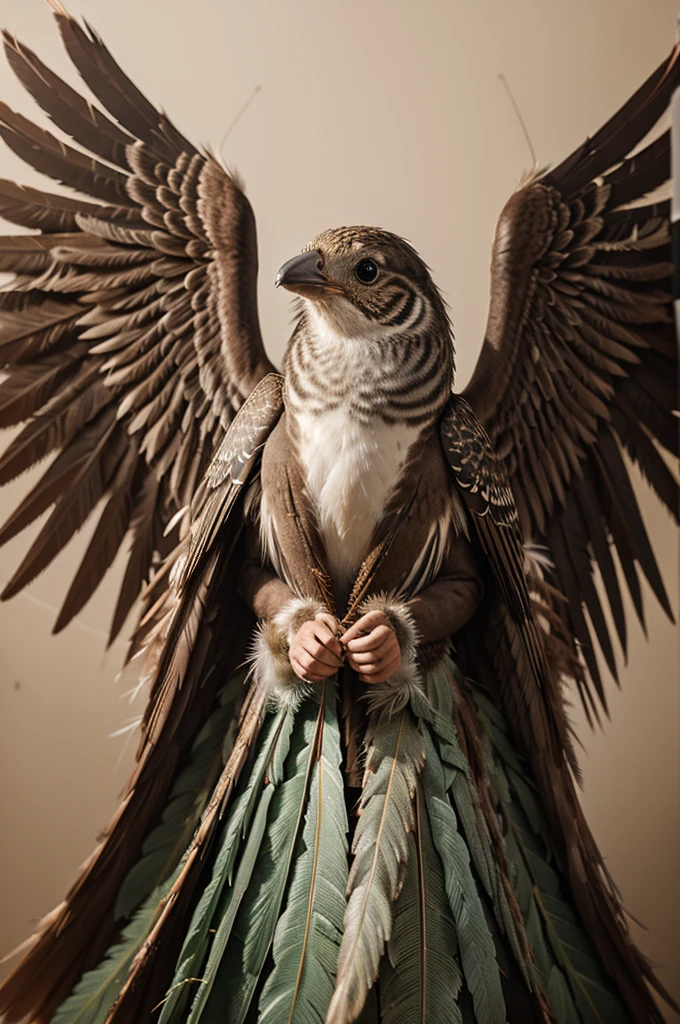 • Create a portrait of an animal, bird-like, but with 6 legs and wings, covered with feathers, leaf-like