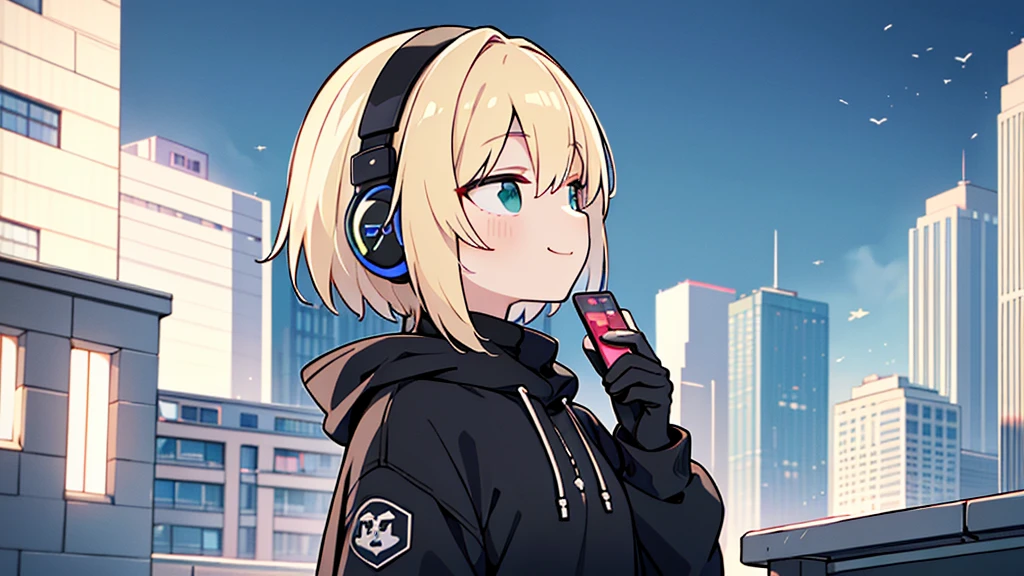 ((highest quality)), ((masterpiece)), (be familiar with), (Looking at a smartphone on the roof of a building)short hair、perfect face,white half-up hair,green mesh blonde、cool black hoodie,headphones,black gloves,turtleneck,alone,İcon、profile、Right beside、Expressionless、smile、Light-colored clothing