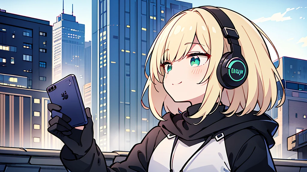 ((highest quality)), ((masterpiece)), (be familiar with), (Looking at a smartphone on the roof of a building)short hair、perfect face,white half-up hair,green mesh blonde、cool black hoodie,headphones,black gloves,turtleneck,alone,İcon、profile、Right beside、Expressionless、smile、Light-colored clothing