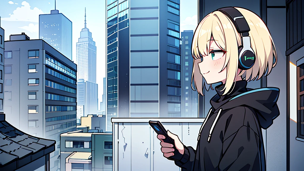 ((highest quality)), ((masterpiece)), (be familiar with), (Looking at a smartphone on the roof of a building)short hair、perfect face,white half-up hair,green mesh blonde、cool black hoodie,headphones,black gloves,turtleneck,alone,İcon、profile、Right beside、Expressionless、smile、Light-colored clothing