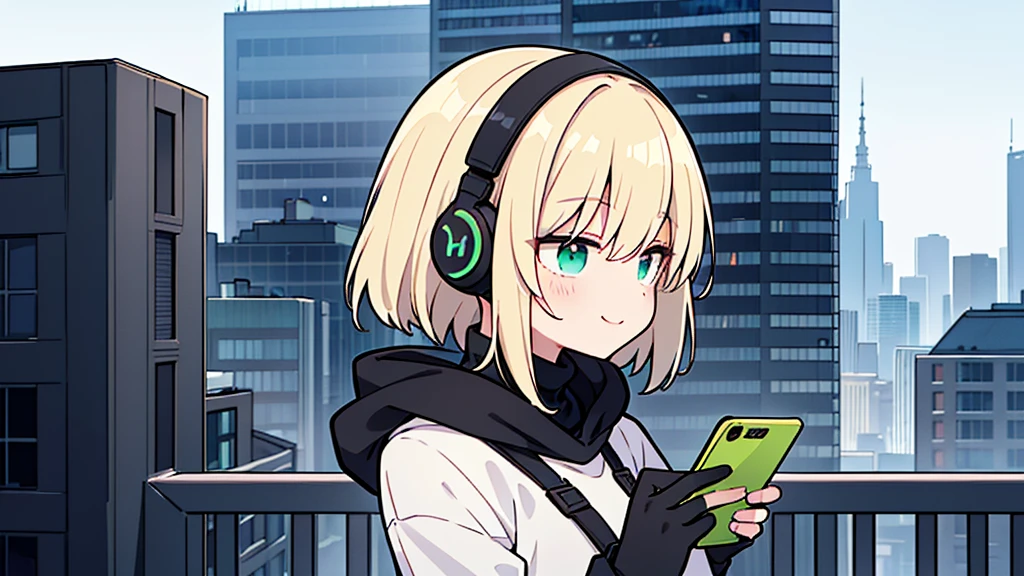 ((highest quality)), ((masterpiece)), (be familiar with), (Looking at a smartphone on the roof of a building)short hair、perfect face,white half-up hair,green mesh blonde、cool black hoodie,headphones,black gloves,turtleneck,alone,İcon、profile、Right beside、Expressionless、smile、Light-colored clothing