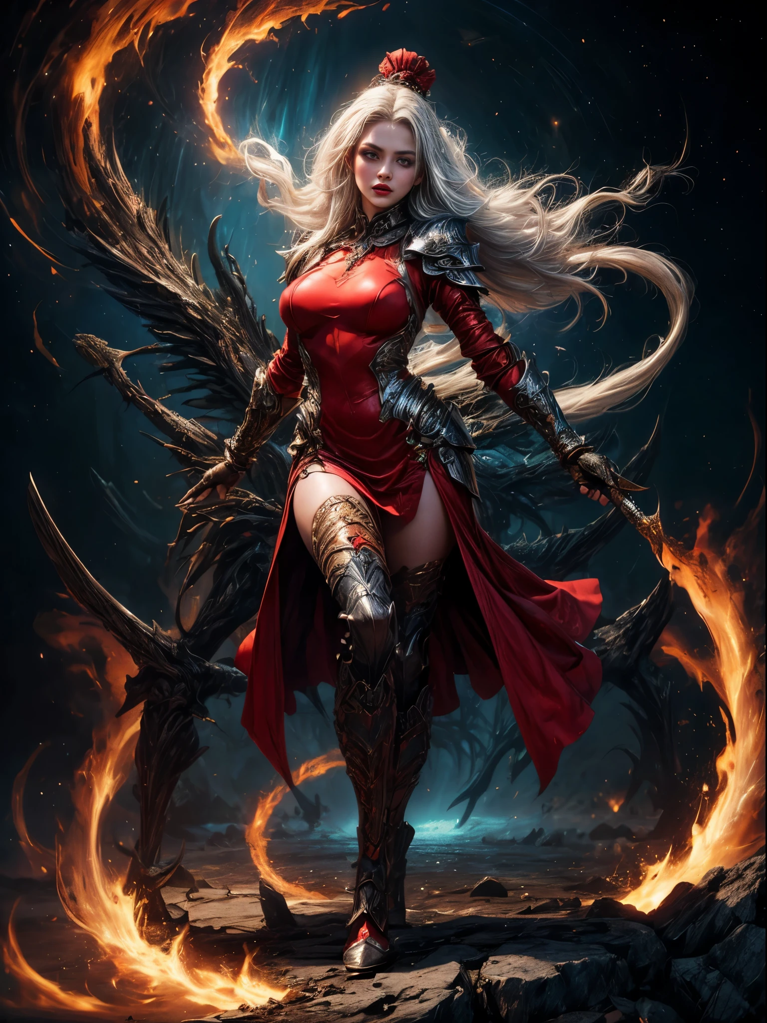 cinematic light, A sexy woman in armor, legendary warrior , A beautiful babe,  erotic design , erotic pose, pore white hair,  big eyes, body covered with tattoo, red lips, pore red dress ,  FULL BODY , glowing eyes , cosmic, divine