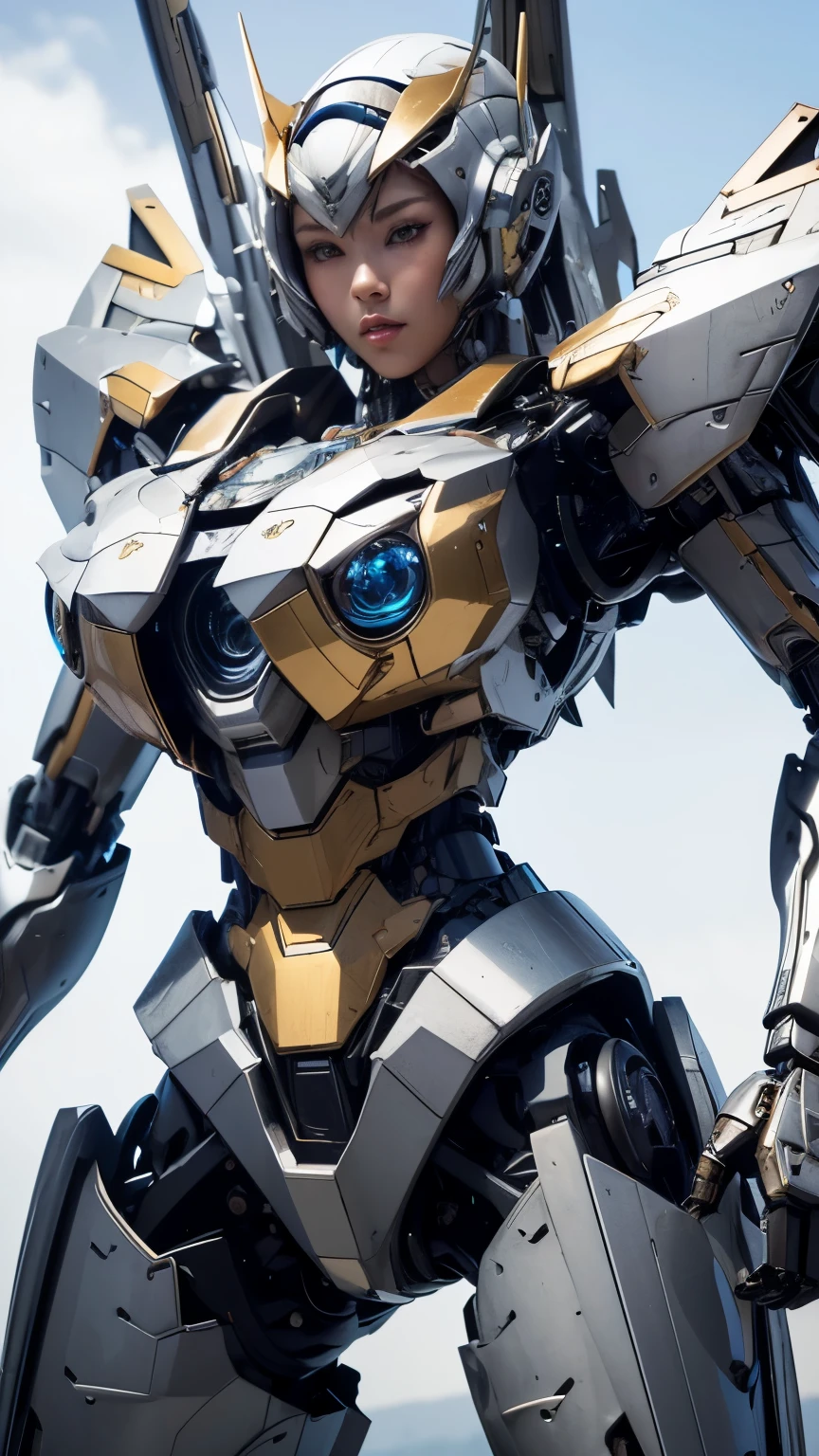 Textured skin, Super Detail, high details, High quality, Best Quality, hight resolution, 1080p, hard disk, Beautiful,(Super Heroine),(Mecha Queen),Oppai Missile,beautiful cyborg woman,Mecha Cyborg Girl,Battle Mode,Girl with a Mecha Body,She wears a battle cyborg mech with a weapon,Fulll body Shot