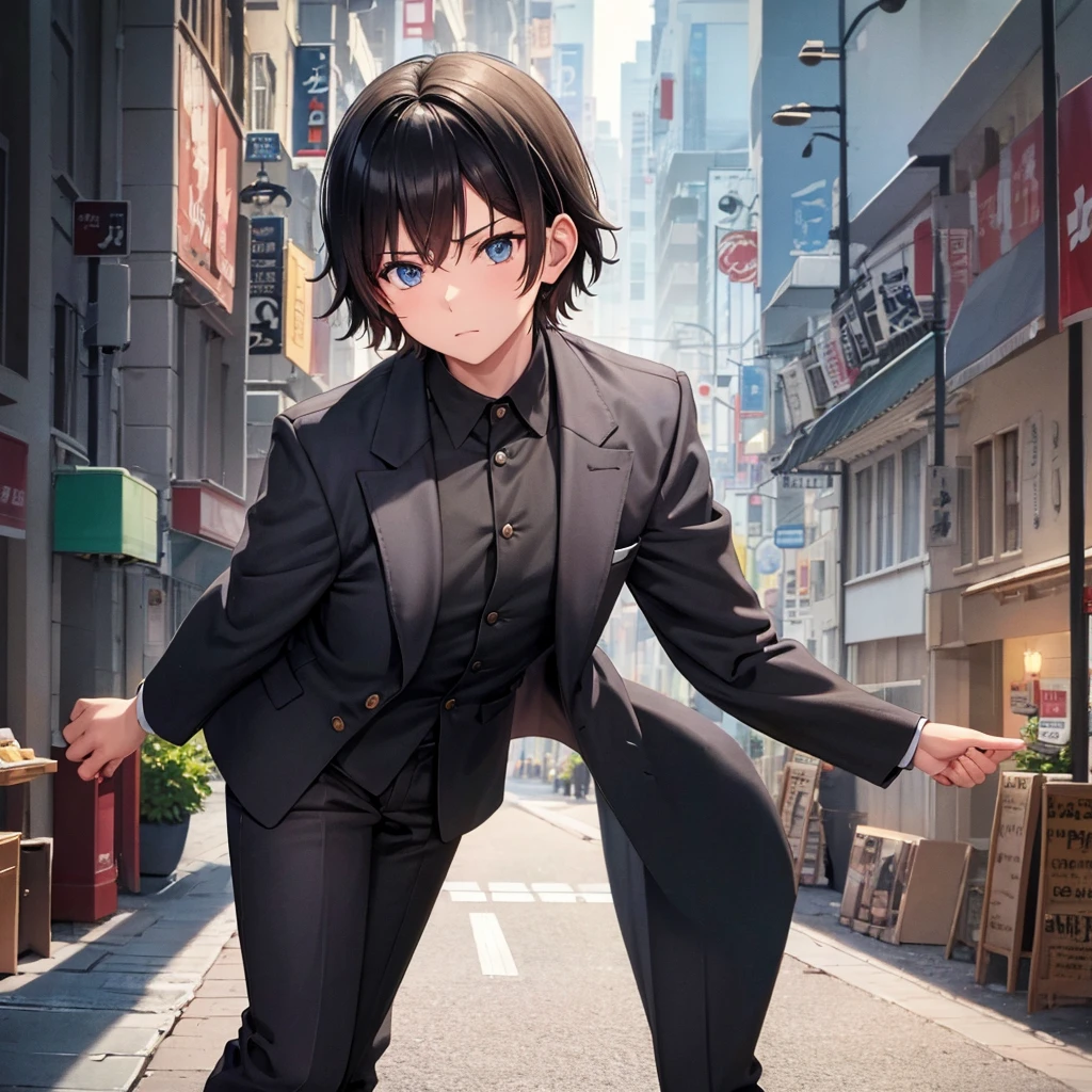 1boy, short black hair, light blue eyes, wearing all black suits, street, sunset, high res, ultrasharp, 8k, masterpiece, looking at viewer from behind
