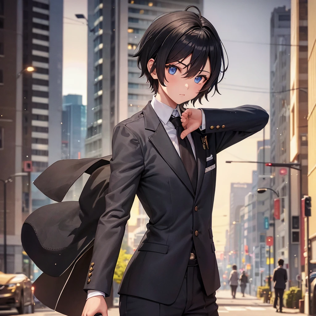 1boy, short black hair, light blue eyes, wearing all black suits, street, sunset, high res, ultrasharp, 8k, masterpiece, looking at viewer from behind