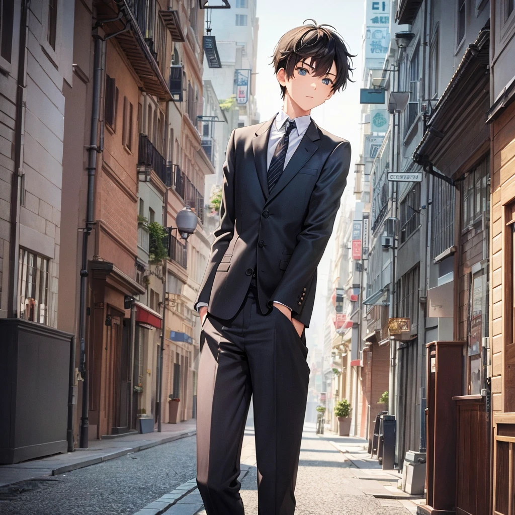 1boy, short black hair, light blue eyes, wearing all black suits, street, sunset, high res, ultrasharp, 8k, masterpiece, looking at viewer from behind