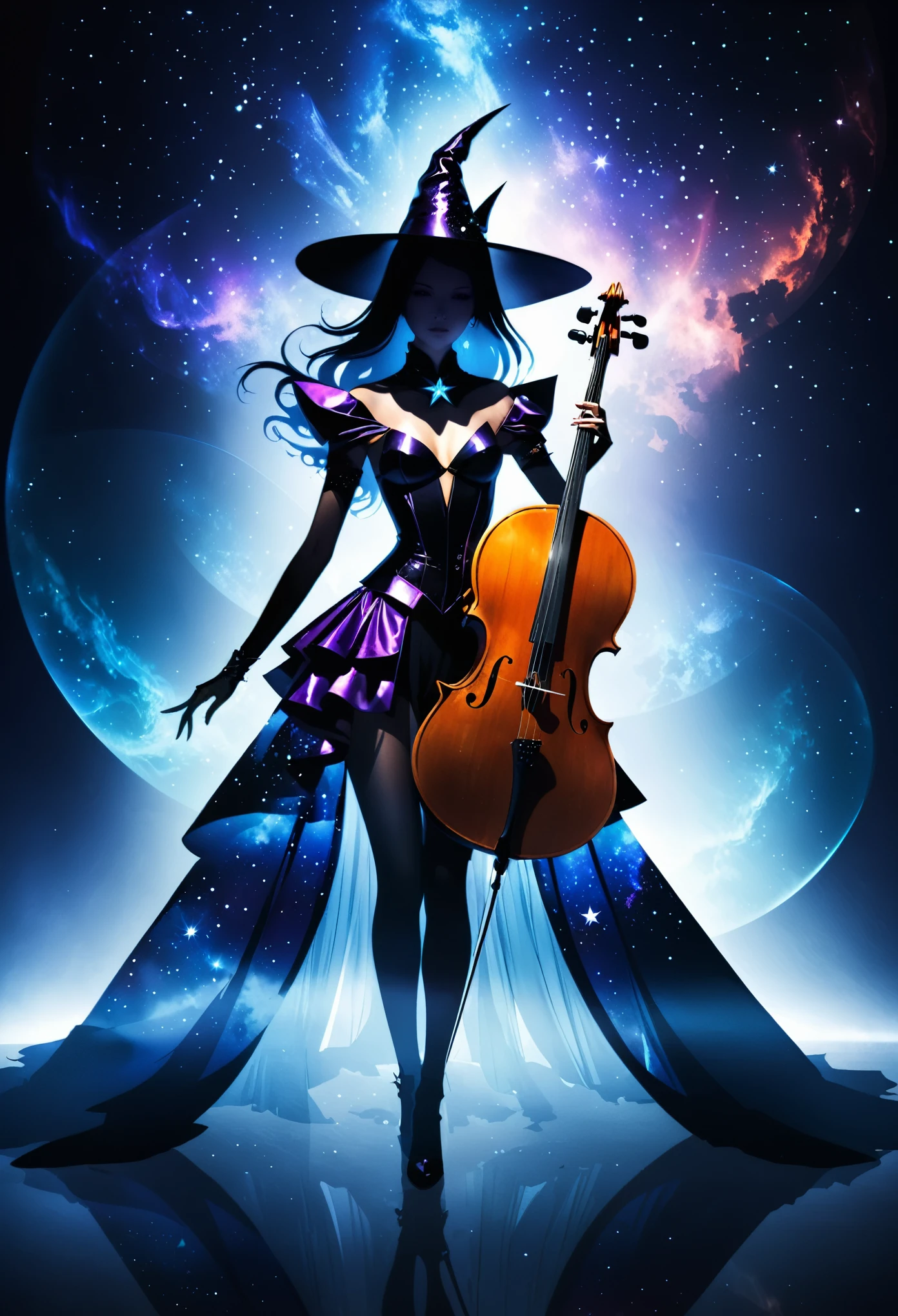 (Double Exposure:1.5)，in style of Thierry Mugler，Magic witch and cello from the nebula，fantasy,Witch costumes，Japanese anime style，(Dark atmosphere:1.2)，(Extreme shadows:1.2)，(Witch in the shadows:1.2)，