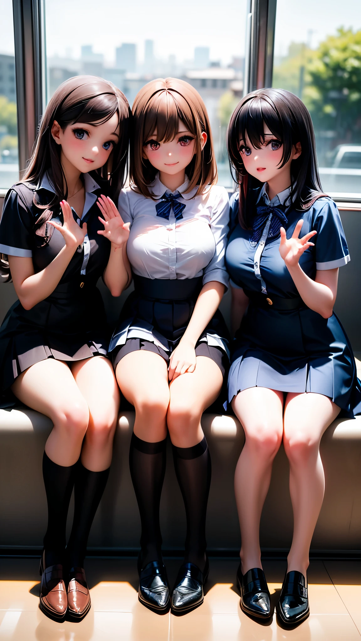 (beautiful 3girls:1.4), with long brown hair and brown eyes, looking at the viewer with a gentle smile, her bangs framing her face, wearing a white collared shirt and a pleated blue skirt, sitting on train station as the sun sets in the background, her friends with black and brown hair sitting beside her, all wearing similar outfits with striped socks and pleated skirts, their hands raised in a friendly gesture, flying sweat drops adding to the lively, energetic atmosphere, (3girls:1.4), (best quality,8k,highres,masterpiece:1.2),ultra-detailed,(realistic,photorealistic,photo-realistic:1.37),studio lighting,vivid colors,physically-based rendering,professional,extremely detailed eyes and face,longeyelashes,beautiful detailed eyes,beautiful detailed lips