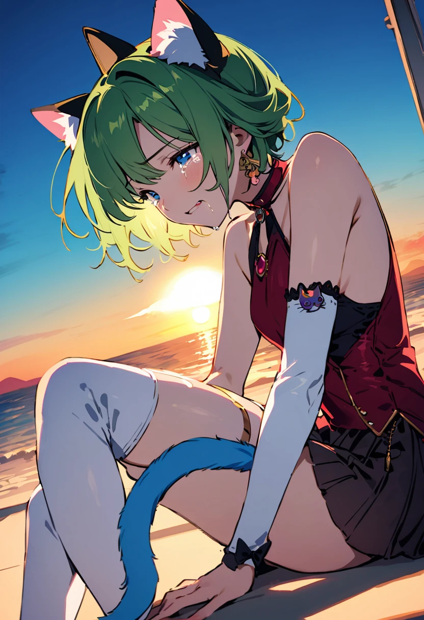 ((Back view:1.1)),masterpiece, Highest quality, Illustration of the novel, High resolution, 18+ Adult content, Sensual, Intimate, Emotional, Passionate, romantic, sweet, Adorable, Innocent, Pure, Charmな, Charmな, Charm, mysterious, Charmな, Charmな, Immersive, Charmな, dream-like, Surreal, Imaginative, Whimsical, Artistic, Avant-garde, timeless, elegant, Sophisticated, chic, Sophisticated, personality, original, Charmな,One Girl,Deltamon_beta, alone, blue eyes, Knee socks, Animal ears, Expose your shoulders, Blue Tail, Earrings,Removable sleeves, Green Hair, Sleeveless, Cat ear, bag, white Knee socks, Cat'tail,pink backpack,Pink school bag,Lavender lace: Lavender Peter Pan collar lace dress, Paired with ivory tights and Mary Jane shoes.,Cherry-blossom viewing, azalea, satsuki, azalea blizzard,
rest ((Avoidance method ((子Cat)), Crying face)),((Sunrise Time/Sunrise time/sunrise time:1.3))