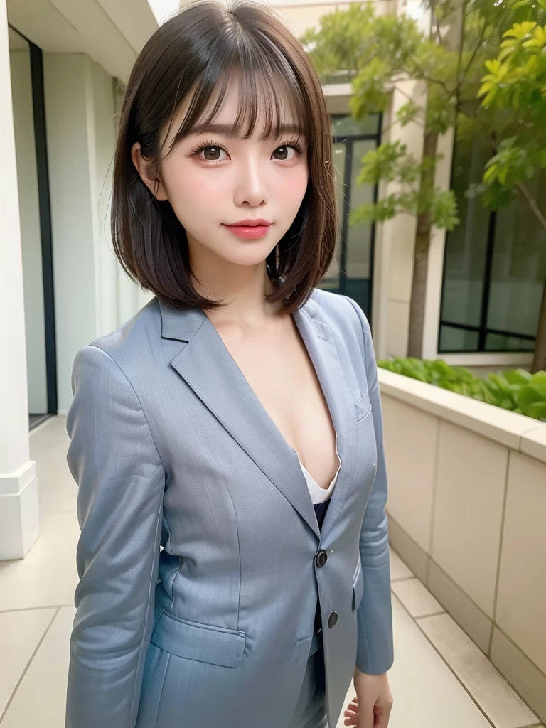 ((Best of the highest quality, 8k, Masterpiece, raw photo: 1.3)), Sharp focus: 1.2, (1 AESPA, slim body type female, 21 y/o: 1.1), (Solo: 1.2), (realistic, photo-realistic:1.37), face focus, cute face, finely eyes, (droopy eyes: 1.32), (Emphasize prominent aegyo-sal with bright: 1.2), shimmering eyeshadow applied under the lower lash line, paired with thick, (small breasts, flat chest: 1.3), (short messy hair, bangs: 1.2), (business suit: 1.28), walking terrace office, sun light, flower