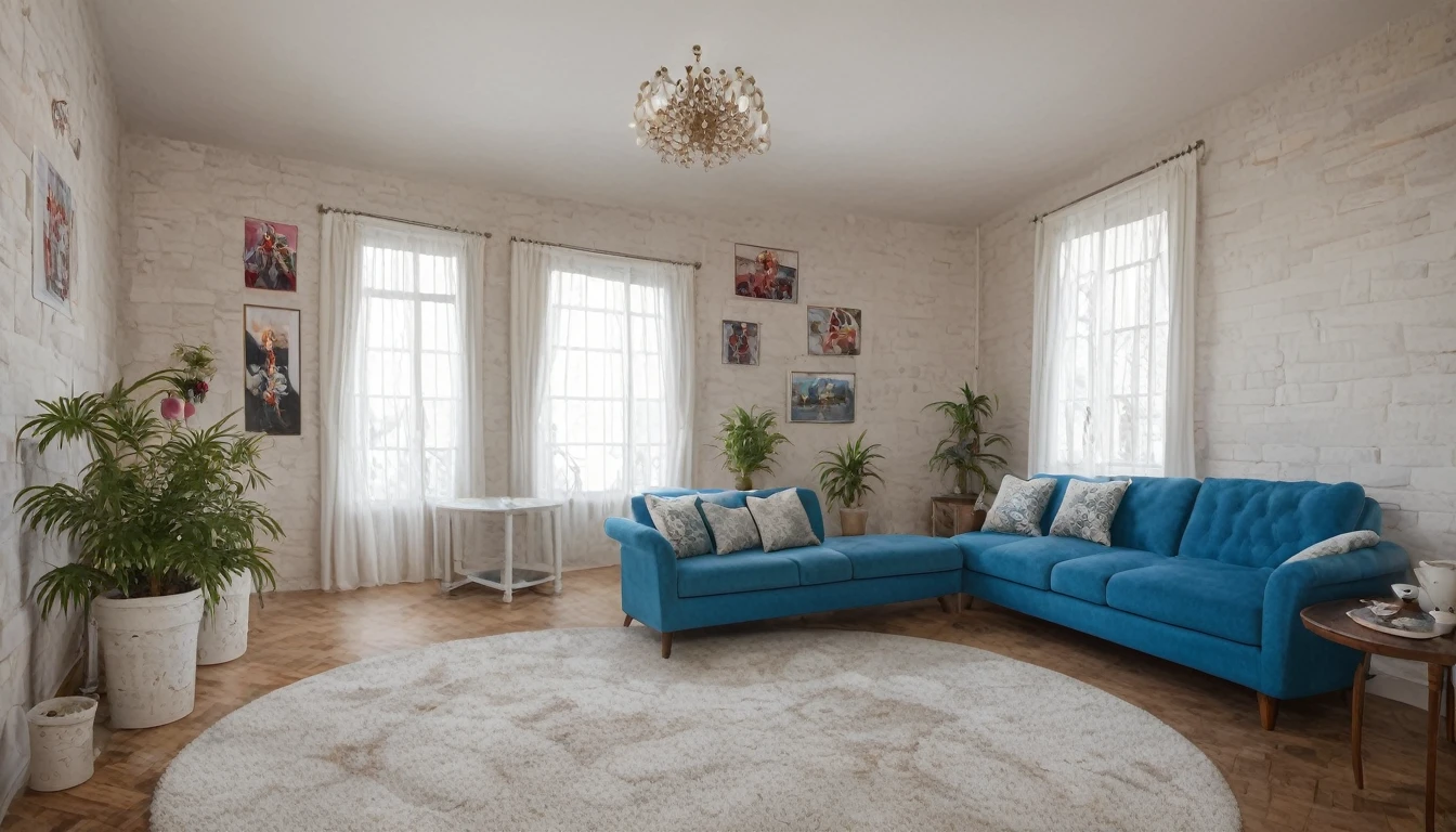 Describe a modern living room in a tower apartment in France. The room has a white-colored wallpaper, a concrete floor, and a beautiful window with white curtains. The room is furnished with a blue sofa and a white cushion. There is a coffee table with a cup on it. The walls are adorned with a French poster and a pendant light hangs from the ceiling. The atmosphere is defined by the addition of a few potted plants. Describe this scene in a highly detailed manner, with a focus on the ambiance and aesthetic appeal of the room. Use a resolution of 16k and highlight the beauty of the scene.