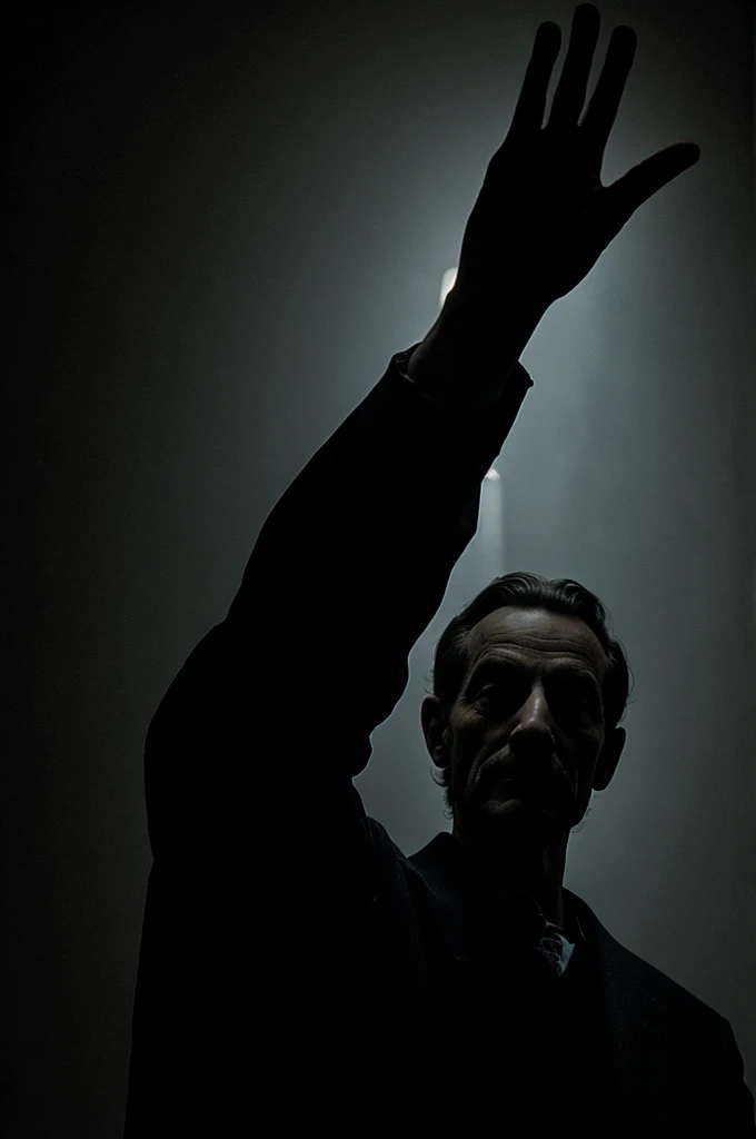 Creepy man in the dark waving with histoire left hand