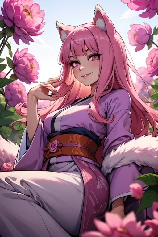 young pink haired wolf woman with violet eyes with an hourglass figure and pink wolf ears and a pink wolf tail in a pretty kimono is laying in a field of peonies with a big smile