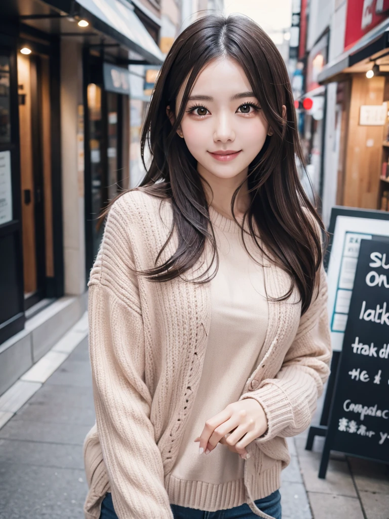 Tabletop, Highest quality, figure, Super detailed, In detail, High resolution, 8k wallpaper, Perfect dynamic composition, Beautiful attention to detail, Winter casual wear,Medium Hair,Small breasts Natural color Lips, Bold sexy pose,smile,Harajuku、20-year-old girl、cute、sexy shot looking at camera