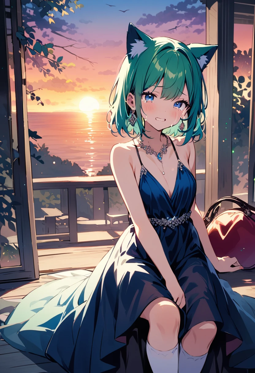 masterpiece, Highest quality, Illustration of the novel, High resolution, 18+ Adult content, Sensual, Intimate, Emotional, Passionate, romantic, sweet, Adorable, Innocent, Pure, Fascinating, Fascinatingな, Charm, mysterious, Fascinatingな, Fascinating, Immersive, Fascinatingな, dream-like, Surreal, Imaginative, Whimsical, Artistic, Avant-garde, timeless, elegant, Sophisticated, chic, Sophisticated, personality, original, Fascinatingな,One Girl,Deltamon_beta, alone, blue eyes, Knee socks, Animal ears, Bare shoulders, Blue Tail, Earrings,Removable sleeves, Green Hair, Sleeveless, Cat ear, bag, white Knee socks, Cat&#39;tail,pink backpack,Pink school bag,Lavender lace: Lavender Peter Pan collar lace dress, Paired with ivory tights and Mary Jane shoes.,Cherry-blossom viewing, azalea, satsuki, azalea blizzard,
rest ((Avoidance method ((子Cat)), Crying face)),((Evening Dresses,Evening Dresses,Evening Dresseses:1.3)),((Sunrise Time/Sunrise time/sunrise time:1.3))
