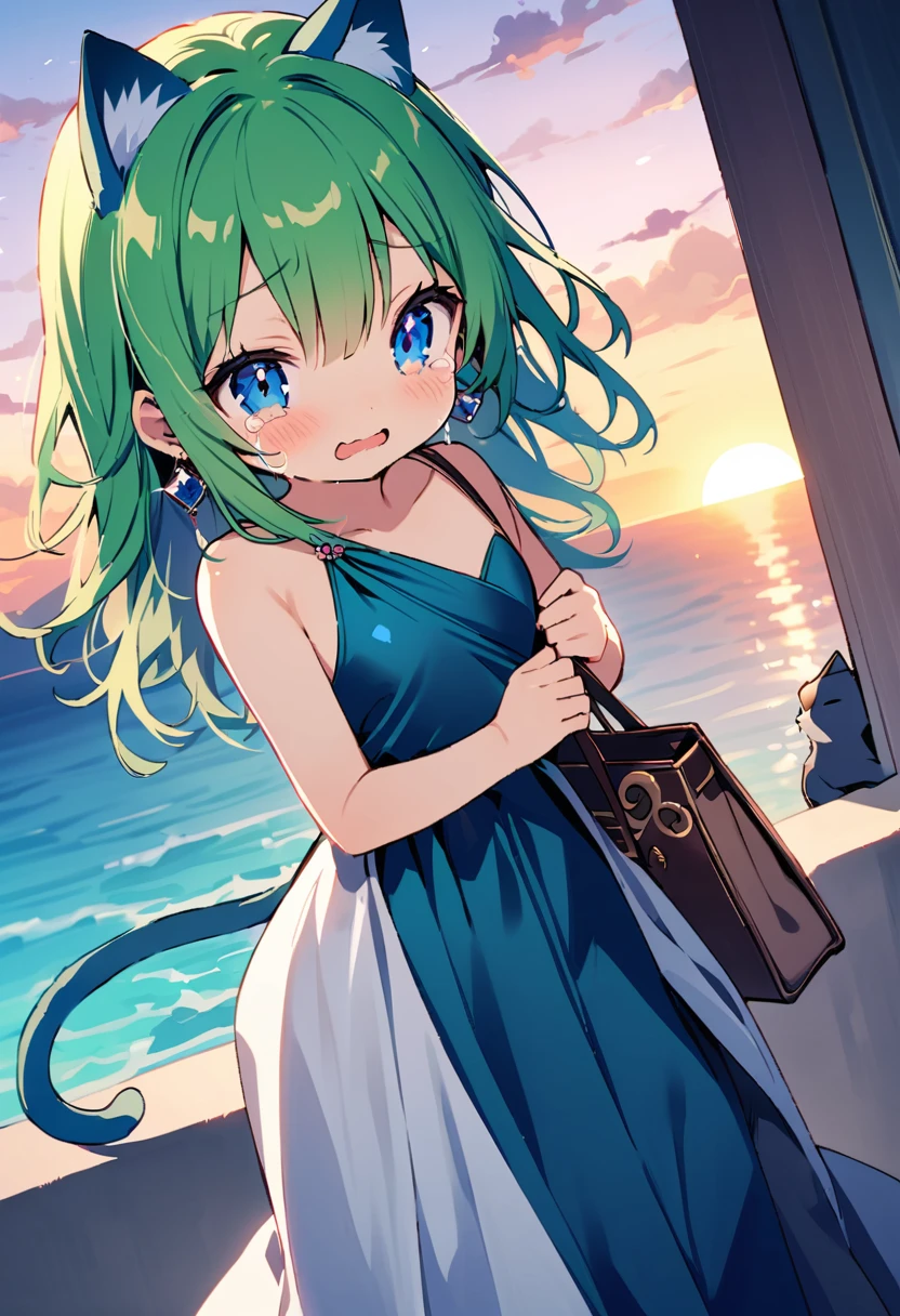 masterpiece, Highest quality, Illustration of the novel, High resolution, 18+ Adult content, Sensual, Intimate, Emotional, Passionate, romantic, sweet, Adorable, Innocent, Pure, Fascinating, Fascinatingな, Charm, mysterious, Fascinatingな, Fascinating, Immersive, Fascinatingな, dream-like, Surreal, Imaginative, Whimsical, Artistic, Avant-garde, timeless, elegant, Sophisticated, chic, Sophisticated, personality, original, Fascinatingな,One Girl,Deltamon_beta, alone, blue eyes, Knee socks, Animal ears, Bare shoulders, Blue Tail, Earrings,Removable sleeves, Green Hair, Sleeveless, Cat ear, bag, white Knee socks, Cat&#39;tail,pink backpack,Pink school bag,Lavender lace: Lavender Peter Pan collar lace dress, Paired with ivory tights and Mary Jane shoes.,Cherry-blossom viewing, azalea, satsuki, azalea blizzard,
rest ((Avoidance method ((子Cat)), Crying face)),((Evening Dresses,Evening Dresses,Evening Dresseses:1.3)),((Sunrise Time/Sunrise time/sunrise time:1.3))