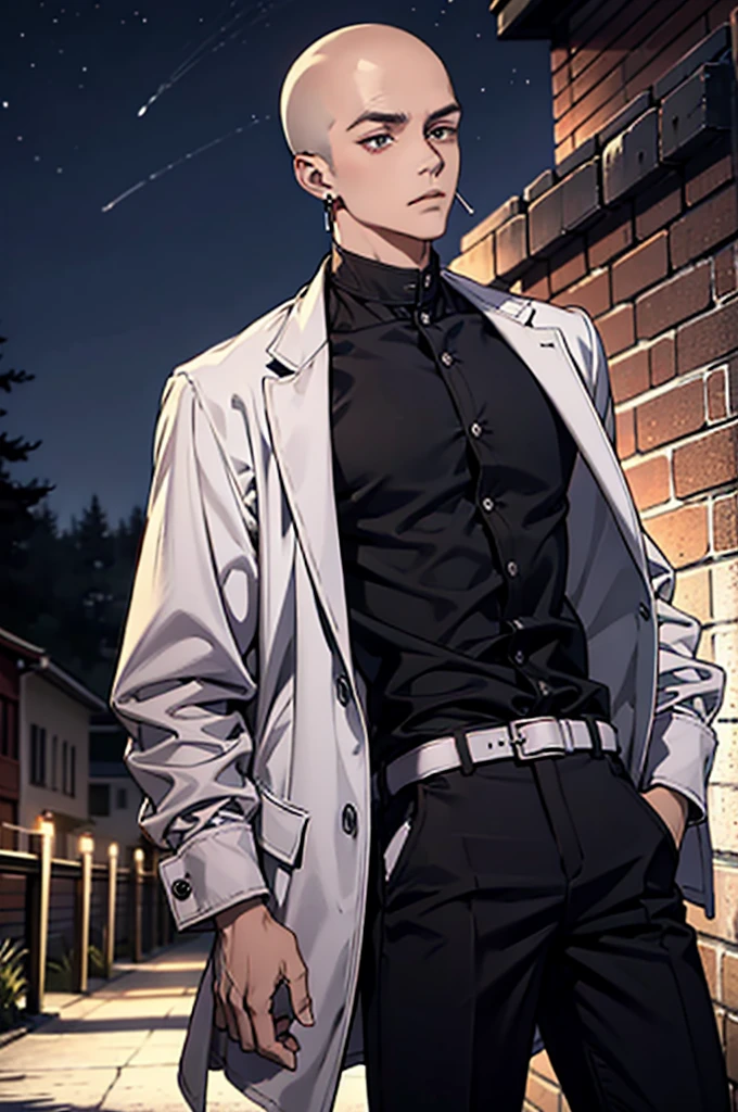 high resolution,Baldhead,male,Red pupil,earrings,Showing chest muscles,White Western-style jacket,black trousers,Black boots,night