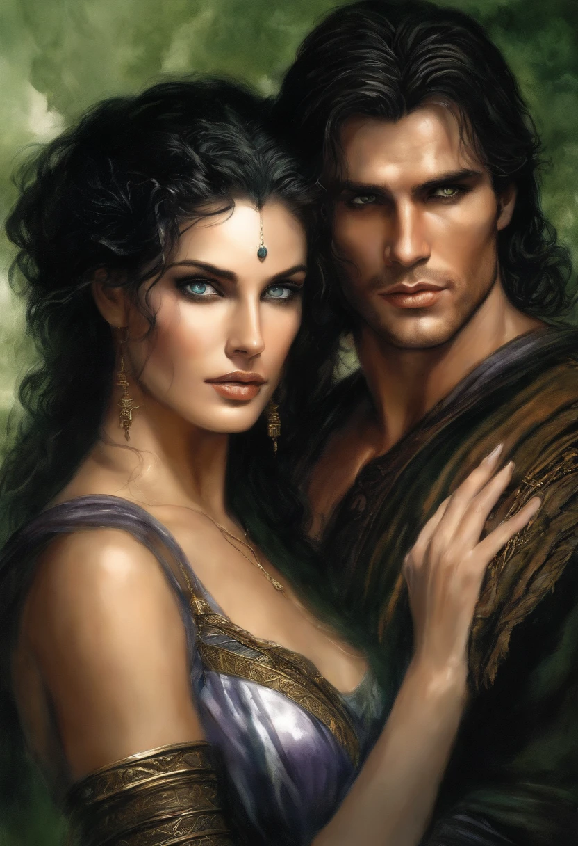 Theya & Marius Watercolor, watercolor pencil, прорисовка in Luis Royo style, two lovers, passion, embrace, verysexy, very sensuality, loving, making love, brutal roman male Marius Titus, green eyes, black hair, powerfull, very muscular, & very beautiful girl Theya, goddess, big crystal violet blue eyes, wavy black hair, Ryse Son of Rome, black, silver mystic light, glow, Drawing details, ultrarealism, infernal style, fantasy, Wow effect