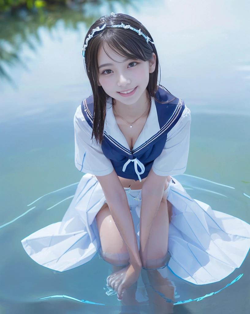 (NFSW)、(High resolution:1.5)、Highest quality,Very detailed,masterpiece,Super detailed,alone,(One 12 year old girl),((Summer School Uniforms:1.5)), Seraphim, ((skirt:1.5)),  smile, Thigh fetish images: 1.5、(((barefoot)))、(Her thighs and white bikini reflected in the clear blue water)、(reflected in water:1.5)、((I can see the white string panties:1.5))、(Cleavage)、((Clear blue seawater))、Summer sun、はしゃいだsmile、Beautiful Eyes、(pull-out-panties)、(Panties on knees)、Big necklace and tiara、The water is marine blue、(((Glossy thighs)))