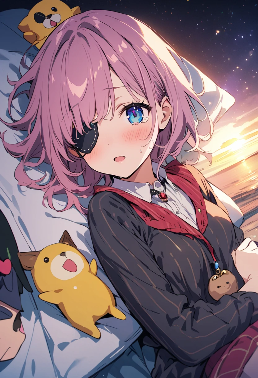 masterpiece, Highest quality, Illustration of the novel, High resolution, 18+ Adult content, Sensual, Intimate, Emotional, Passionate, romantic, sweet, Adorable, Innocent, Pure, charmな, charmな, charm, mysterious, charmな, charmな, Immersive, charmな, dream-like, Surreal, Imaginative, Whimsical, Artistic, Avant-garde, timeless, elegant, Sophisticated, chic, Sophisticated, Personality, original, charmな,((On top of that:1.3)),((Beautiful Tears))、Upper Body、(a bit),((Change the pirate:1.3)),((Eye patch:1.3))、((Sunrise Time/Sunrise time/sunrise time:1.3))