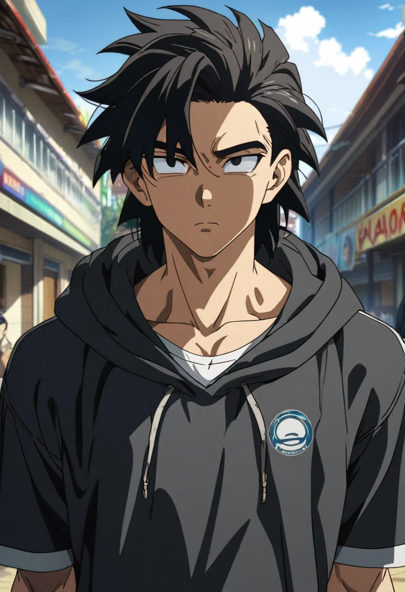A highschool boy, handsome, perfect body, black hair, short hair, mullet, black eyes, upturned eyes, expressionless, black hood, anime, first-person view, dragonball art style, masterpiece, anatomically correct, high details, highres, best quality, super detail, 1080P