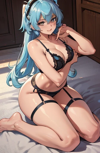 Rey Ayanami from Evangelio, An image in high resolution captures a woman with a mischievous expression,seductive smile. (((pínk lingerie))), sexy face, sexy pose,  thick thighs, full body, (((crawling))), big ass, emphasis on the butt, big ass, high resolution,