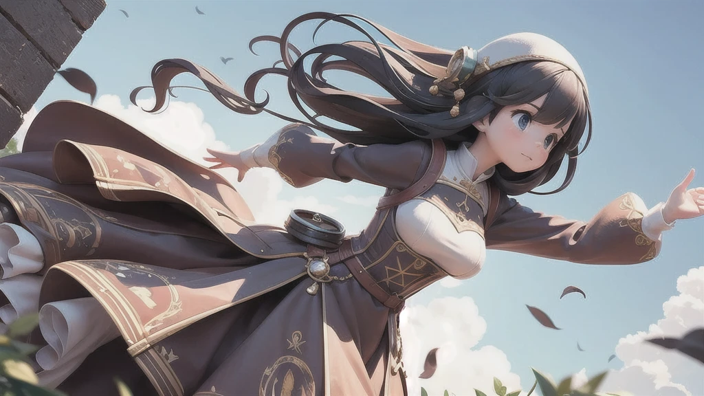 Girl 、Medieval dress with panniers、Fabric Realism、Low - Angle、I can see the drawers、Pull up the hem of your dress with your hands、Strong winds