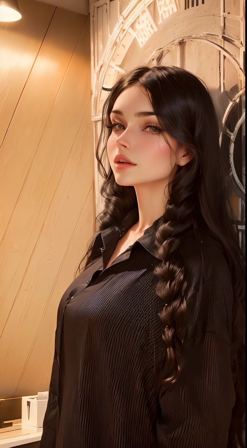 A lady is standing in front of a wall,There is a clock hanging on the wall, Alina Ivanchenko, Anastasia Ovchinnikova, Ekaterina, Moleksandra Shasliwa, Anna Nikonova, Women with long black hair, Yelena Belova, Victoria Gavrilenko, Sofia Emelianenko, Angelina Stroganova, Yulia Gorokhova