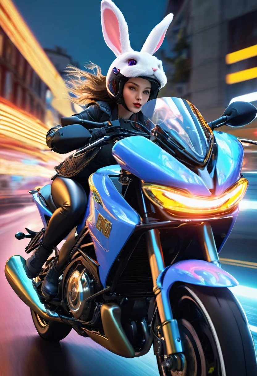 a girl riding a motorcycle, a rabbit on the backseat, rabbit's ears blowing in the wind, helmet, high speed, long exposure, dutch angle, cinematic, detailed, 4k, photorealistic, professional, highly detailed, beautiful detailed eyes, beautiful detailed lips, extremely detailed face, detailed rabbit, motion blur, dramatic lighting, vibrant colors, neon lights, dynamic composition