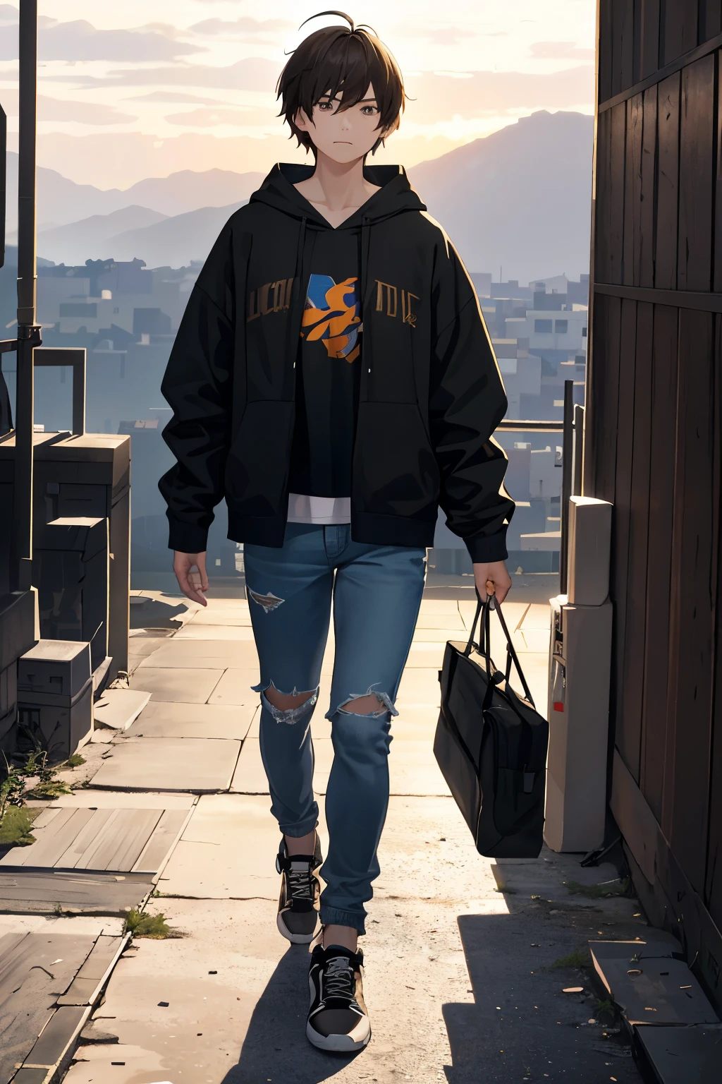 Young, determined individual, resilient and courageous, lean and muscular physique, short, messy brown hair, hoodie, jacket, unbuttoned to reveal a contrasting color t-shirt underneath, jeans, worn sneakers, walking on a narrow path, mountainous terrain, sunset, focused, determined expression,resolved, self-motivated, dynamic light and shadow, high definition, 4K, HDR, widescreen aspect ratio 9:16, minimalistic, atmospheric, clean lines, grungy texture, vivid colors, bokeh background.